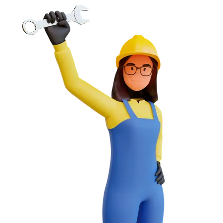 Trabajador de la construcción femenina sosteniendo una llave  3D Illustration