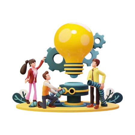 Trabajo en equipo para construir una lámpara de bombilla.  3D Illustration