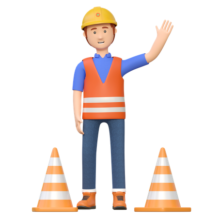 Trabalhador da construção civil segurando o cone da estrada  3D Illustration