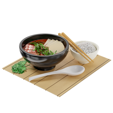 Traditional Korean soup Kimchi with meat and garnished with tofu and green onions  3D Illustration