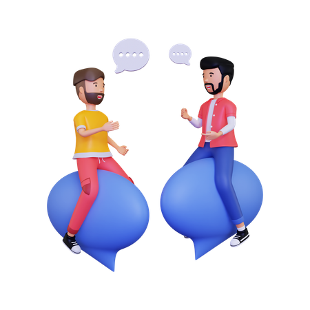 3d two male characters having a conversation while sitting on a chat bubble  3D Illustration