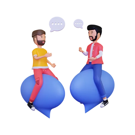 3d two male characters having a conversation while sitting on a chat bubble  3D Illustration