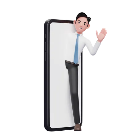 Un homme d'affaires en chemise blanche apparaît sur le grand écran du téléphone et dit bonjour  3D Illustration