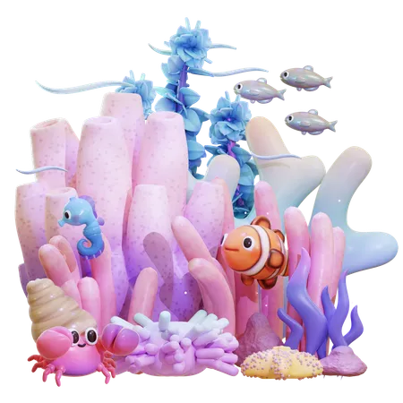 Underwater Coral With Sea Life Scene  3D Icon