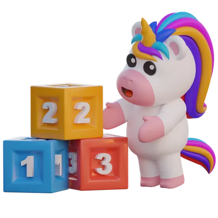 Unicorn Arrange Number Blocks  3D Illustration