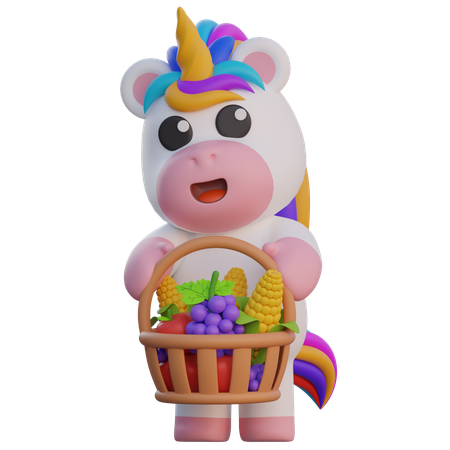 Unicorn Carrying Fruit Basket  3D Illustration