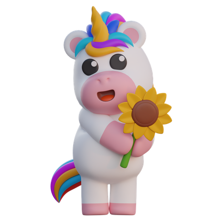 Unicorn Holding Sunflower  3D Illustration