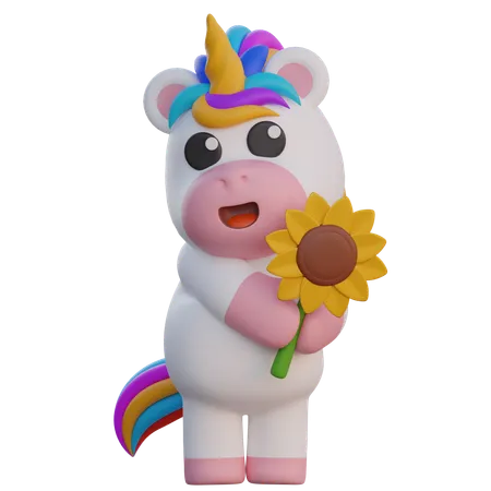 Unicorn Holding Sunflower  3D Illustration