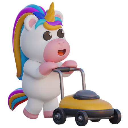 Unicorn Push the Lawnmower  3D Illustration