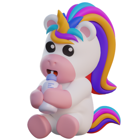 Unicornio bebiendo leche con chupete  3D Illustration