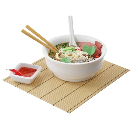 Vietnamesische Pho Bo-Suppe mit Rindfleisch, Reisnudeln auf einer Bambusmatte und serviert mit Fischsauce  3D Illustration