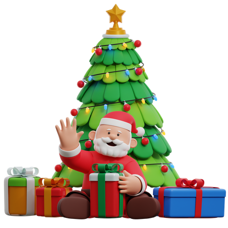 Weihnachtsmann mit Weihnachtsbaum und Geschenken  3D Illustration