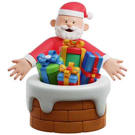 Weihnachtsmann mit Weihnachtsgeschenken auf dem Schornstein  3D Illustration