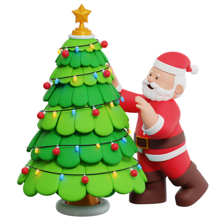 Weihnachtsmann schmückt weihnachtsbaum  3D Illustration