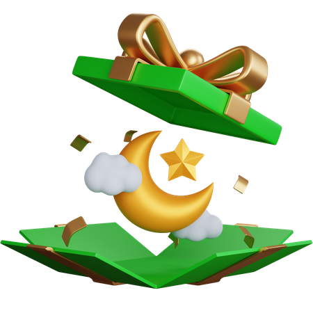 Wide Open Gift Box With Crescent Moon  3D Icon