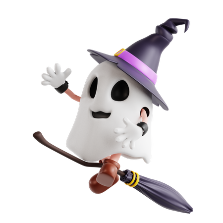 Witch Ghost Riding Broom  3D Illustration