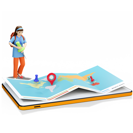 Woman Finding Location On Map  3D Illustration