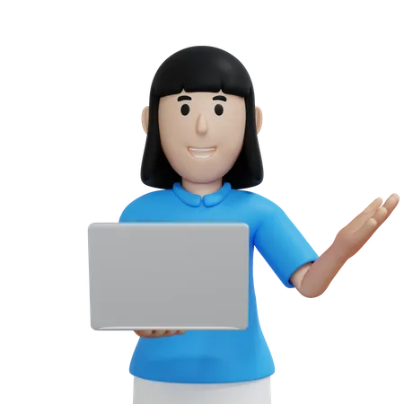 Woman holding laptop and explaining something  3D Illustration