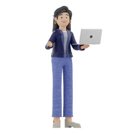 Woman Holding Laptop While Explaining Something  3D Illustration