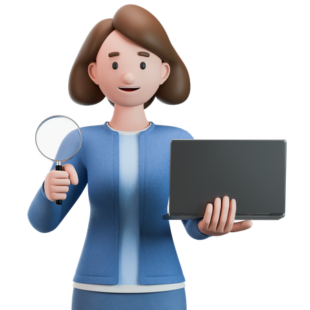 Woman Holds A Magnifying Glass And A Laptop In Her Hands  3D Illustration