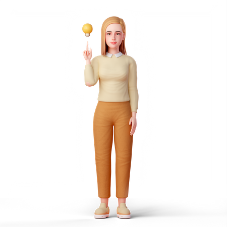 Woman pointing at lamp of think  3D Illustration