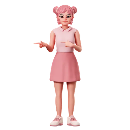 Woman With Double Buns Pointing To Left Side Using Both Hand  3D Illustration