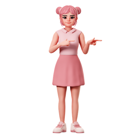 Woman With Double Buns Pointing To Right Side Using Both Hand  3D Illustration