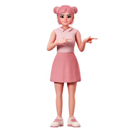 Woman With Double Buns Pointing To Right Side Using Both Hand  3D Illustration