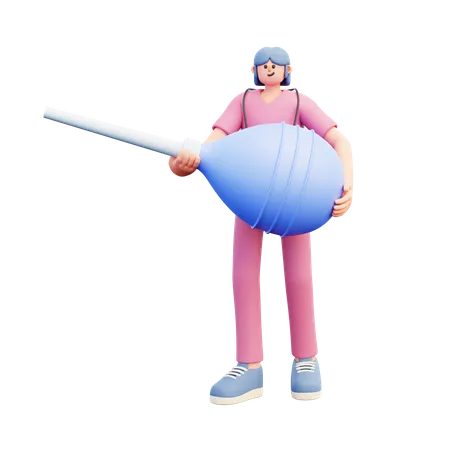 Young Doctor Holding Big Blue Enema Clyster  3D Illustration