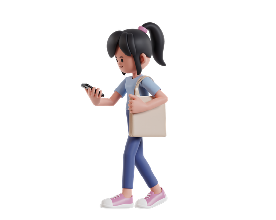 Young Girl Going Shopping With Handbag While Checking Shopping List On Mobile Phone  3D Illustration