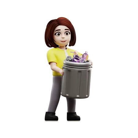 Young girl student throwing garbage in trash bin  3D Illustration