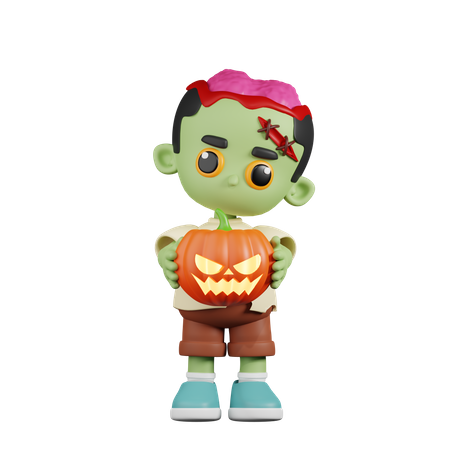 Zombie sosteniendo calabaza de halloween  3D Illustration