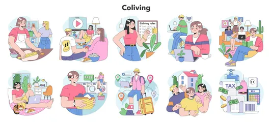 Espaço Coliving Pacote de Ilustrações