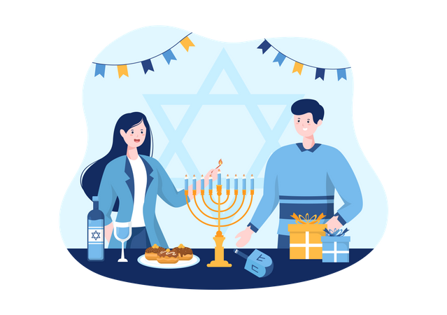 Free Jewish couple lighting hanukkah candle  Illustration