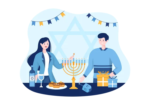 Free Jewish couple lighting hanukkah candle  Illustration