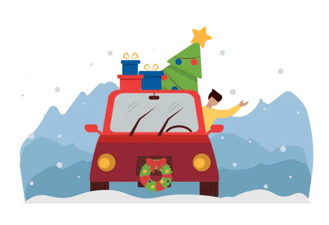 Free 車でクリスマスパーティーに行く男性  イラスト