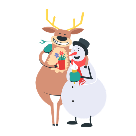 Free Reindeer and snowman celebrating Christmas  イラスト