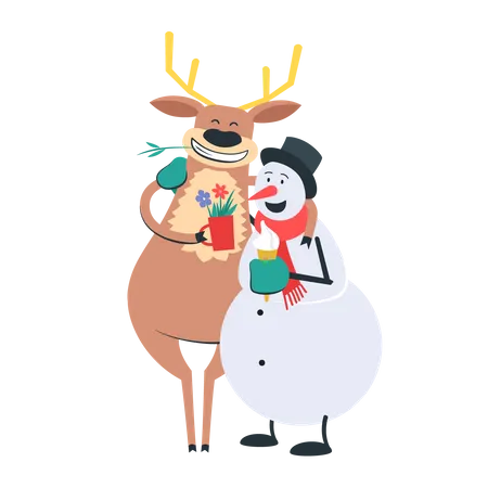 Free Reindeer and snowman celebrating Christmas  イラスト