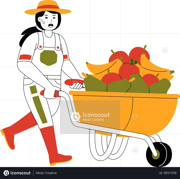 Une agricultrice poussant un chariot rempli de fruits  Illustration