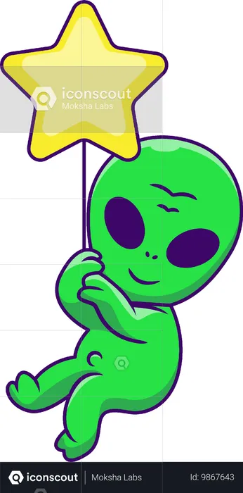 Alien Floating With Star Balloon  Illustration