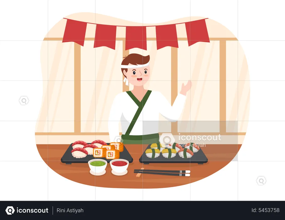 Asian male eating Sushi  Illustration