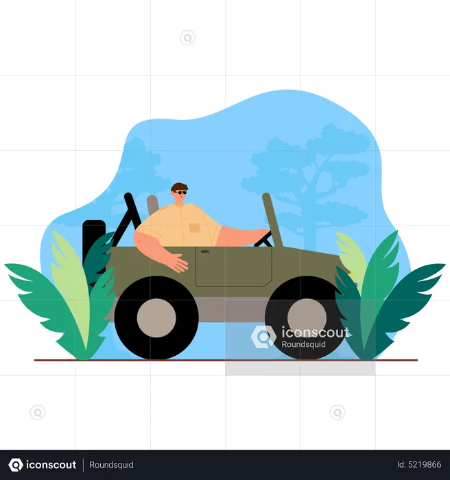 Aventurero montando en jeep en la selva  Ilustración