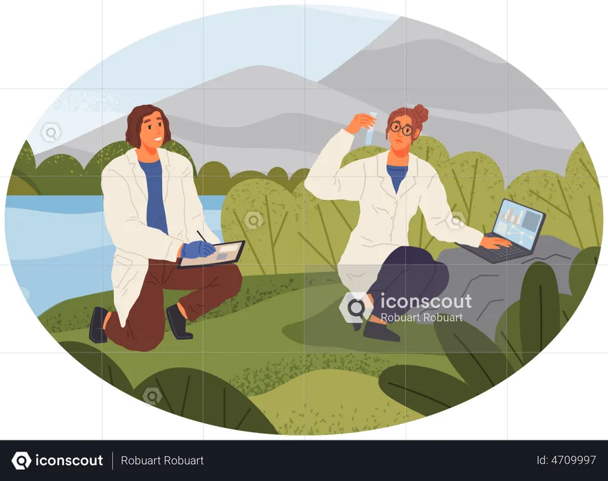 Scientifique biologiste analysant l'eau de la rivière  Illustration