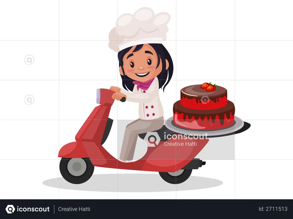 Fille de boulangerie en scooter  Illustration