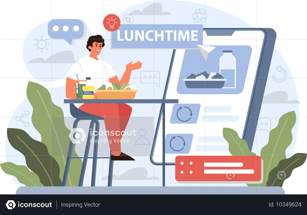 Boy eating healthy lunch in break time  Illustration