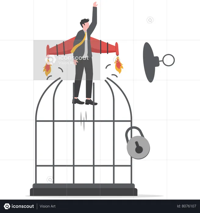 Brave businessman escape from bird cage jump and fly away  Illustration