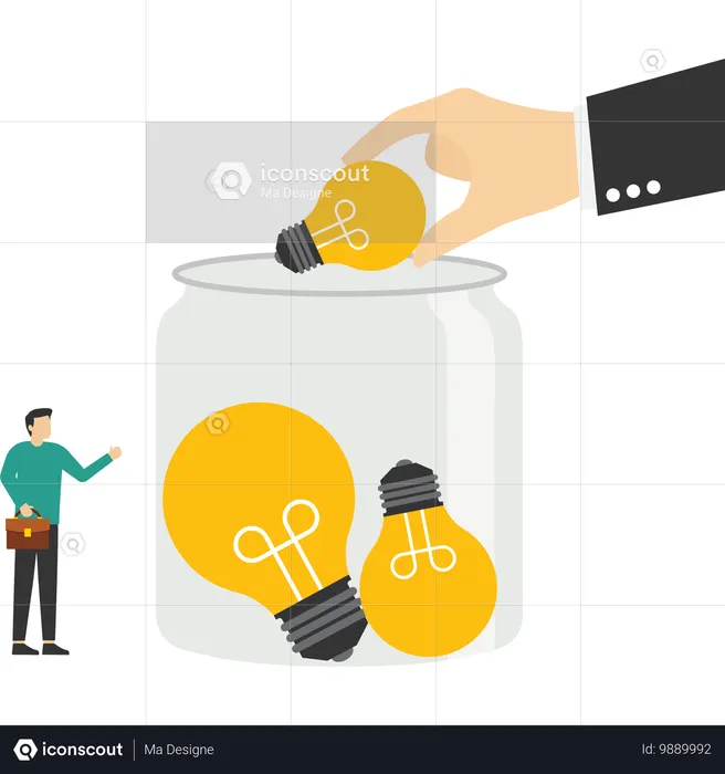 Businessman collect lightbulb idea into Glass Jar  Illustration