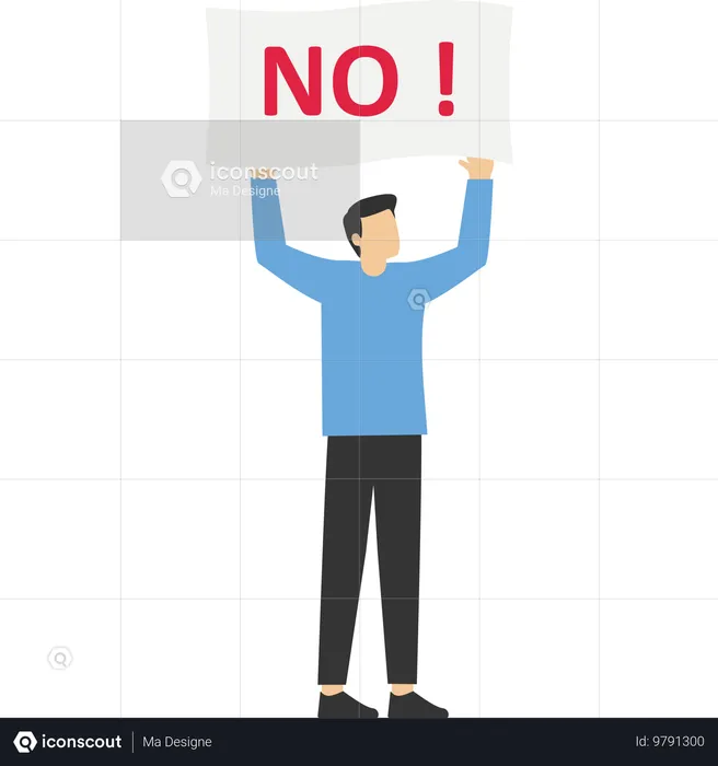 Businessman holding sign with word NO with strong impression of refusal  Illustration