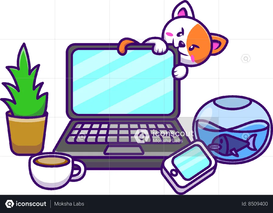 Cat And Laptop  Illustration