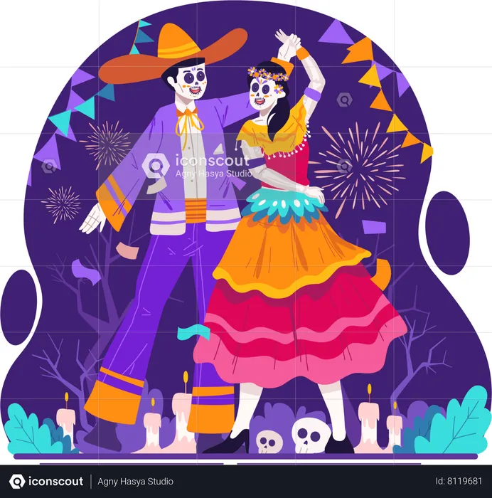 Casal Catrina com trajes tradicionais mexicanos dançando juntos no dia dos mortos  Ilustração